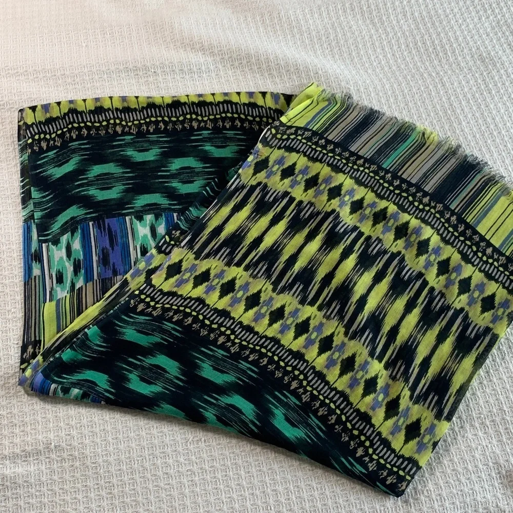 Thread 4 Thought modal scarf with fluorescent green, blue, black and teal print